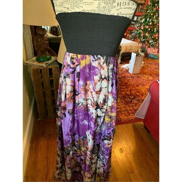 MM Couture By Miss Me Floral 100% Silk Strapless A Line Maxi Dress Women S - Picture 6 of 8